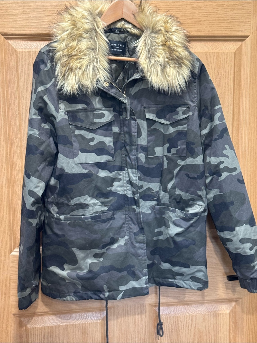 Love Tree Green Camouflage Bomber Jacket with Faux Fur Collar